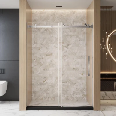 Frameless Shower Door with Anti-Shatter Safety Film and Bottom Water-Blocking Strip, Brushed Nickel