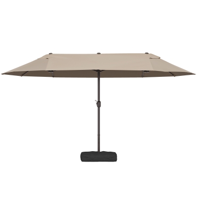Outsunny 15' Outdoor Patio Umbrella with Twin Canopy Sunshade Steel Table Umbrella w/ Lift Crank, Cross base, Sandbag, Brown