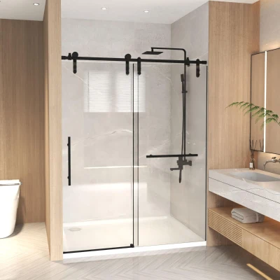 Sliding Bathtub Door with Waterproof Seals and Tempered Glass, Matte Black