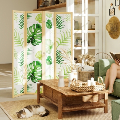 HOMCOM 4 Panel Folding Privacy Screen, 67" Room Divider with Palm Leaf Design for Living Room Bedroom, Natural and Green