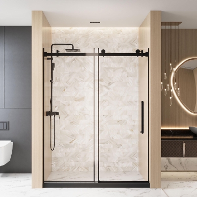 Frameless Shower Door with Anti-Shatter Safety Film and Bottom Water-Blocking Strip, Matt Black