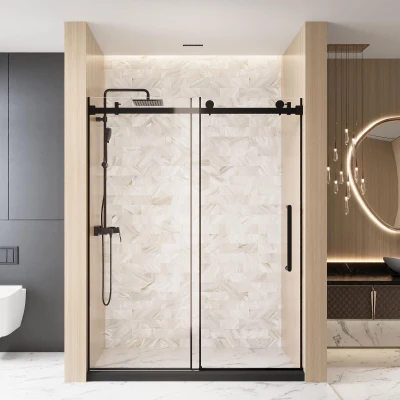Frameless Shower Door with Anti-Shatter Safety Film and Bottom Water-Blocking Strip, Matt Black