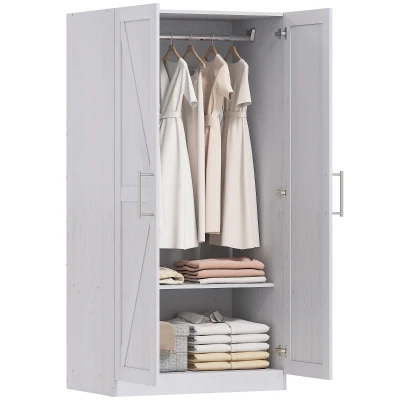 HOMCOM Wardrobe Cabinet with 2 Barn Doors and Hanging Rod, Farmhouse Armoire Wardrobe Closet for Bedroom, White Wood Effect