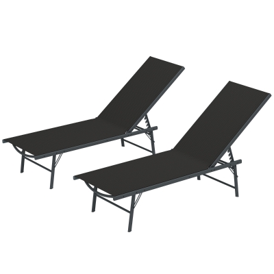 Outsunny 2 Pieces Folding Outdoor Lounge Chairs, Reclining Chaise Lounge Tanning Chair w/ Adjustable Back, Mesh Seat, Black