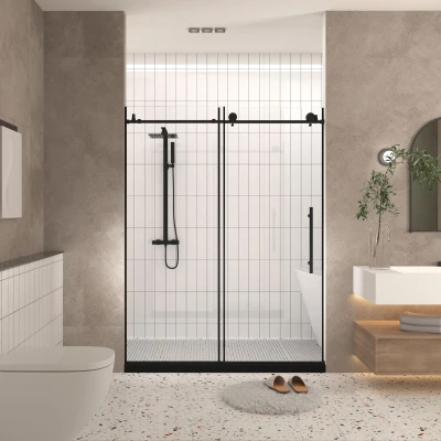 Frameless Sliding Shower Door with Explosion-Proof Film and Smooth Stainless Steel Rollers, Matte Black