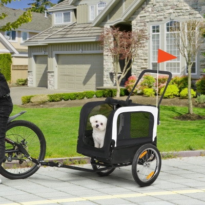 PawHut 2 in 1 Dog Bike Trailer, Dog Stroller with Safety Leash, Hitch, Flag, Reflectors, Cushion for Small Dogs, Grey