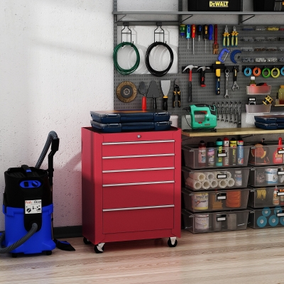 HOMCOM 5-Drawer Rolling Tool Cabinet on Wheels, Lockable Tool Chest, Tool Organizer for Garage, Factory and Workshop, Red