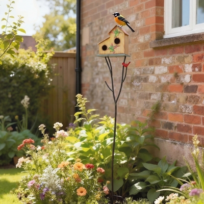 Outsunny 57" Outdoor Bird House with Pole, Metal Bird Houses for Outside, Double-Hole Birdhouse Outdoor Decoration, Yellow