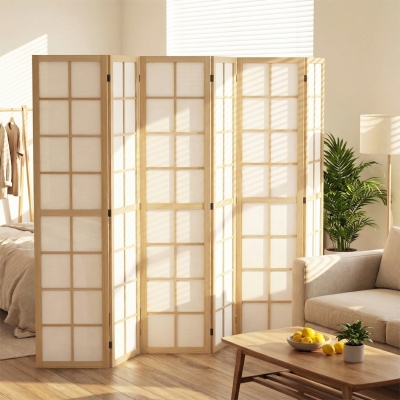 HOMCOM 6 Panel Room Divider, 5.6 ft Folding Wall Divider Room Partition for Home Office, Bedroom, Living Room, Natural Wood