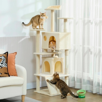 PawHut 63" Cat Tree, Multi-Level Cat Tower with Scratching Posts, Cat Condos, Bed, Platforms, Ramp, Toy Ball, Cream White