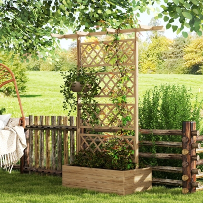 Outsunny Wooden Planter with Trellis Privacy Screen, Raised Garden Bed to Grow Vegetables, Herbs and Flowers, Natural