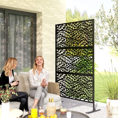 Outsunny Metal Outdoor Privacy Screen, Freestanding Outdoor Divider with Stand, 78" x 48", Black