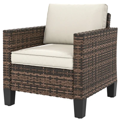 Outsunny Single Outdoor Wicker Chair, Rattan Patio Chair with Armrests and Cushions for Balcony, Porch, Deck, Cream White