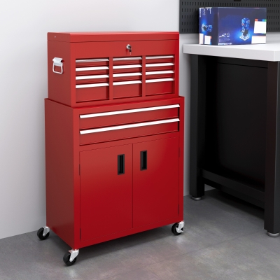 HOMCOM 6-Drawer Rolling Tool Chest, 2 in 1 Lockable Storage Cabinet with Hooks, Metal Tool Box for Garage, Workshop, Red