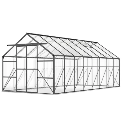 Outsunny Aluminum Greenhouse Polycarbonate Walk-in Garden Greenhouse Kit with Rain Gutter and Sliding Door, 16' x 8', Dark Grey