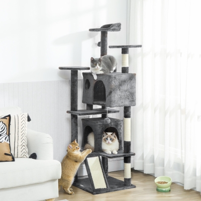 PawHut 63" Cat Tree, Multi-Level Cat Tower with Scratching Posts, Cat Condos, Bed, Platforms, Ramp, Toy Ball, Dark Grey