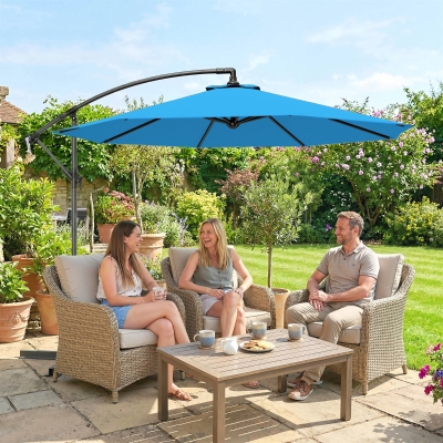 Outsunny 10ft Offset Patio Umbrella with Base, Garden Hanging Parasol with Crank, Banana Cantilever Umbrella Sun Shade, Blue