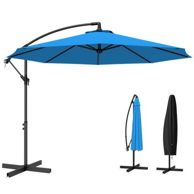 Outsunny 10ft Offset Patio Umbrella with Base, Garden Hanging Parasol with Crank, Banana Cantilever Umbrella Sun Shade, Blue