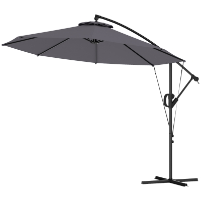 Outsunny 118.1" Patio Offset Umbrella with Cover and Wind Protection Strap,with Crank Handle and Tilt, UPF50+, Grey
