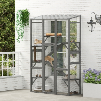 PawHut Wooden Catio Outdoor Cat Enclosure with 6 Jumping Platforms, Scratching Post, 2 Ramps, Waterproof Roof, Grey