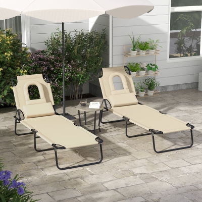 Outsunny 2PCS Adjustable Outdoor Lounge Chair, Garden Folding Chaise Lounge with Face Hole Reclining Tanning Chair Seat, Folding Camping Beach Lounging Bed w/ Head Support, Beige