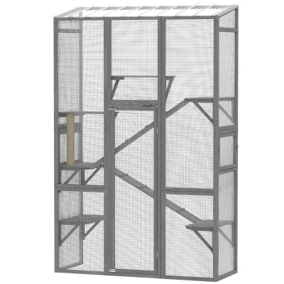 PawHut Wooden Catio Outdoor Cat Enclosure with 6 Jumping Platforms, Scratching Post, 2 Ramps, Waterproof Roof, Grey
