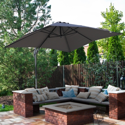 Outsunny 8' x 8' Square Patio Hanging Offset Umbrella Aluminum Outdoor Cantilever Crank Market Parasol Garden Sun Canopy Shelter 360° Rotation w/ Cross Base Grey