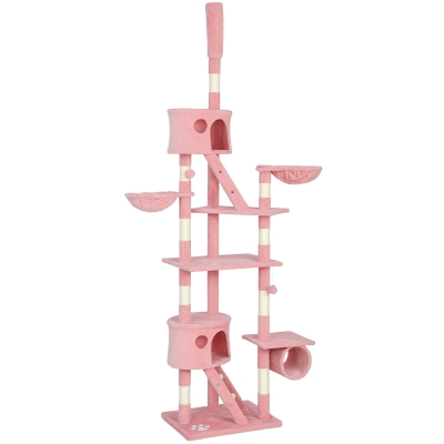 PawHut 94"-102" Floor to Ceiling Cat Tree High Cat Condo Scratching Post Activity Center Multi-Level Play House Pink