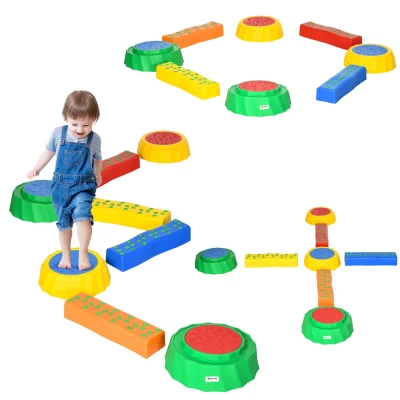 Outsunny 8pcs Balance Beam for Kids, 4 Sensory Pads and 4 Beams with Non-slip Surface & Bottom, Stackable Stepping Stones Kids for Boys Girls 3-6 Years, Multicoloured