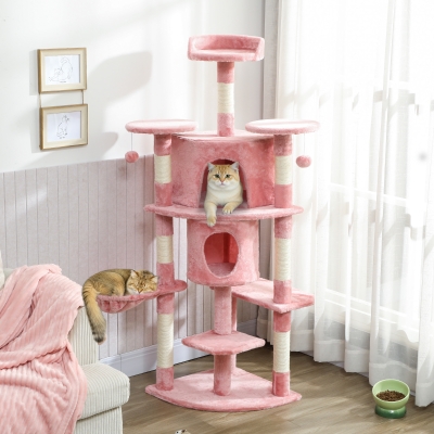 PawHut 62" Cat Tree with Scratching Post, 2 Condos, Hammock, Perches, Plush, Pompoms, for Indoor Cats, Pink