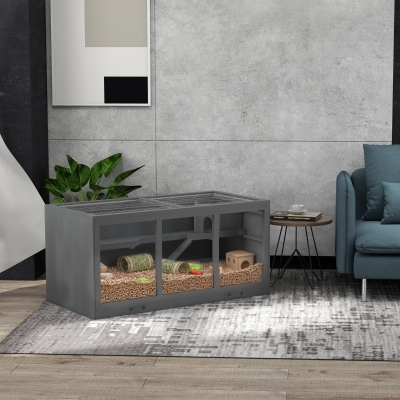 PawHut Wooden Hamster Cage Rat Cage with Slide, Tray, Grey