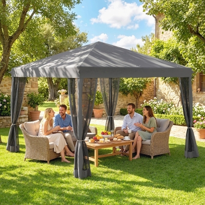 Outsunny 10' x 10' Pop Up Canopy Tent Gazebo, Foldable Canopy Tent with Zipper Mesh Sidewalls, Light Grey