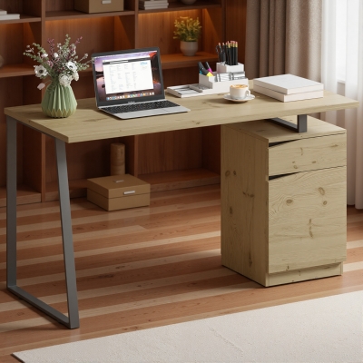 HOMCOM 53 Inch Computer Desk, Writing Table with Cabinet, Drawer, Adjustable Shelf for Home Office Study, Natural Wood