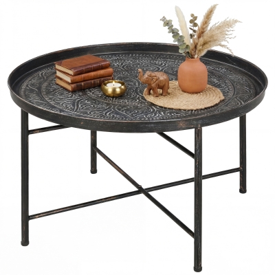 HOMCOM 24" Round Coffee Table with Hammered Top, Pewter