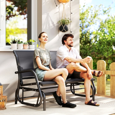 Outsunny Patio Double Glider Outdoor Steel Sling Fabric Gliding Bench Garden Swing Chair Heavy-Duty Porch Rocker Garden Loveseat Grey