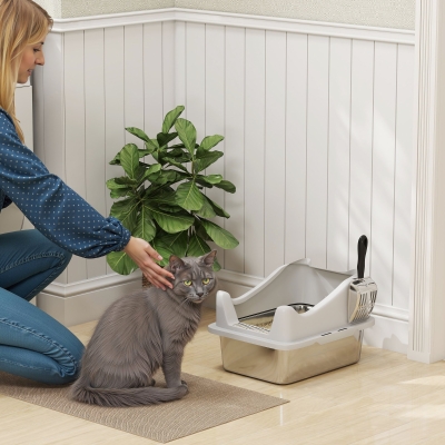 PawHut Cat Litter Box Stainless Steel with Metal Litter Scoop, Never Absorbs Odors, Anti Leakage, 17" x 13" x 10", Grey
