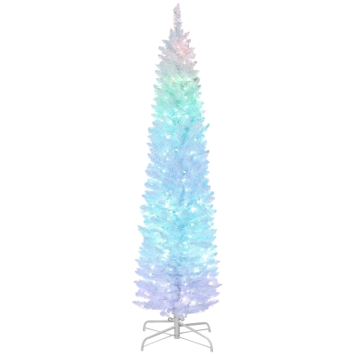 HOMCOM 6ft Christmas Tree with Colourful DIY Synchronized LEDs, Hinged Pencil Xmas Tree with Remote, Daily Timer, White