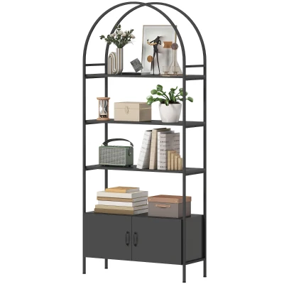 HOMCOM 4-Tier Arched Shelving Unit with Cabinet, Bookshelf for Living Room, Office, 31.5" x 11.8" x 73.6", Black