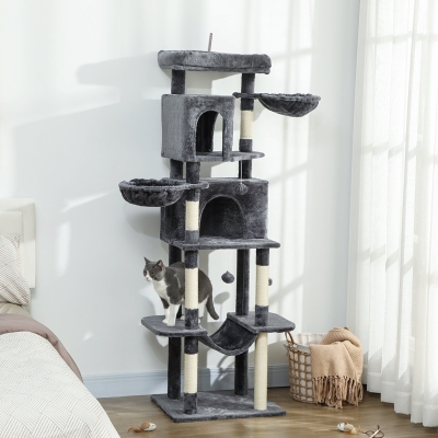 PawHut 69" Cat Tree, Multi-Level Cat Tower with 2 Condos, Plush Perch and Sisal Scratching Posts, Dark Grey