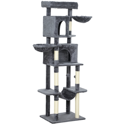 PawHut 69" Cat Tree, Multi-Level Cat Tower with 2 Condos, Plush Perch and Sisal Scratching Posts, Dark Grey