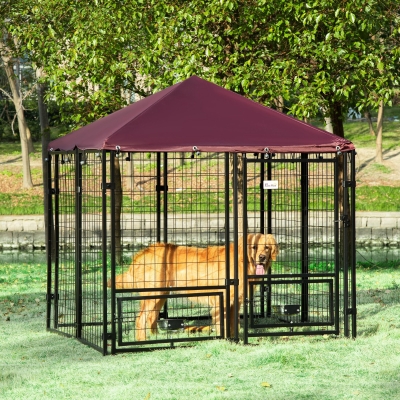 PawHut Outdoor Dog Kennel, Lockable Pet Playpen Crate, Welded Wire Steel Fence, Rotating Bowl Holders, Red
