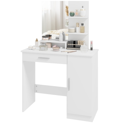 HOMCOM Vanity Desk with Mirror, Makeup Vanity w/ Drawer, Open Compartment and Shelves, Cabinet, Adjustable Shelves for Bedroom