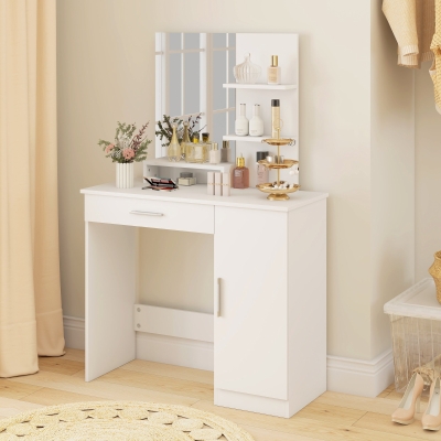 HOMCOM Vanity Desk with Mirror, Makeup Vanity w/ Drawer, Open Compartment and Shelves, Cabinet, Adjustable Shelves for Bedroom