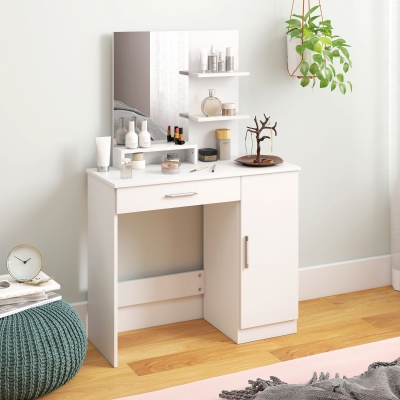 HOMCOM Vanity Desk with Mirror, Makeup Vanity w/ Drawer, Open Compartment and Shelves, Cabinet, Adjustable Shelves for Bedroom