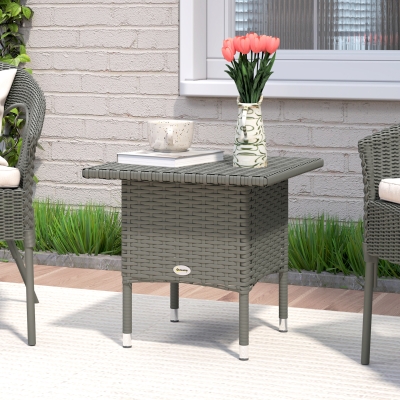 Outsunny Wicker Outdoor Side Table, 20" Square Patio End Table w/ Full Woven Top, Grey