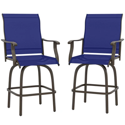 Outsunny Outdoor Bar Stools Set of 2, Swivel Bar Height Chairs with High Back, Curved Armrests and Steel Frame, Navy Blue