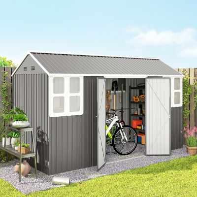Outsunny 12' x 5.5' Metal Garden Storage Shed, Outdoor Tool Storage House with Lockable Door, Vents, Sloped Roof, Light Grey