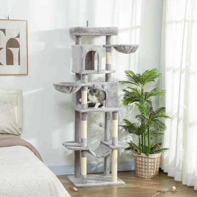 PawHut 69" Cat Tree, Multi-Level Cat Tower with 2 Condos, Plush Perch and Sisal Scratching Posts, Light Grey