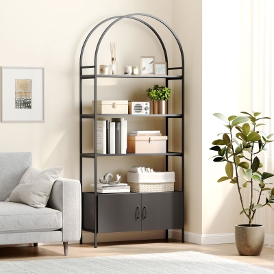 HOMCOM 4-Tier Arched Shelving Unit with Cabinet, Bookshelf for Living Room, Office, 31.5" x 11.8" x 73.6", Black