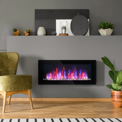 HOMCOM Wall Mounted Fireplace, 41 Inch Modern Electric Fireplace with Patented LED Flame Effect and 7 Colors, Black